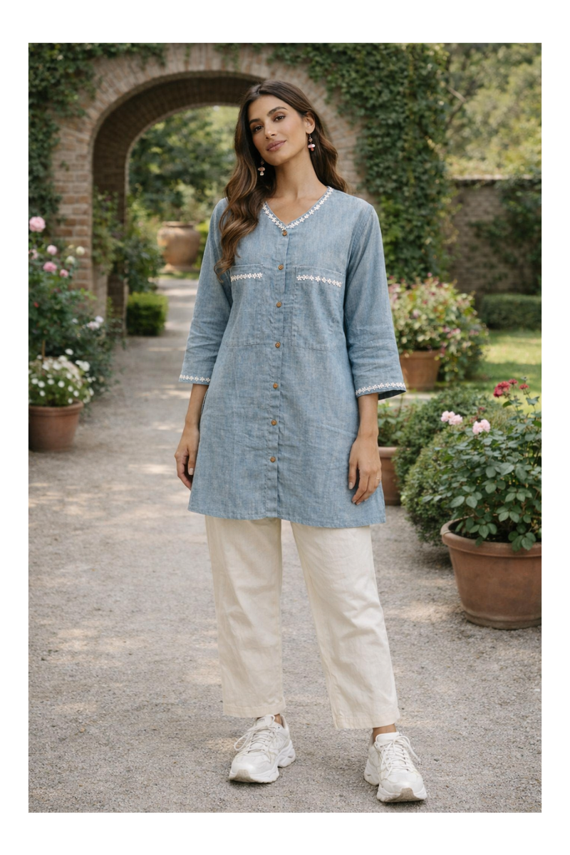 Serene Bloom Straight Shirts Blue