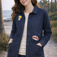 Denim Blue Graphic Patch Jacket Female