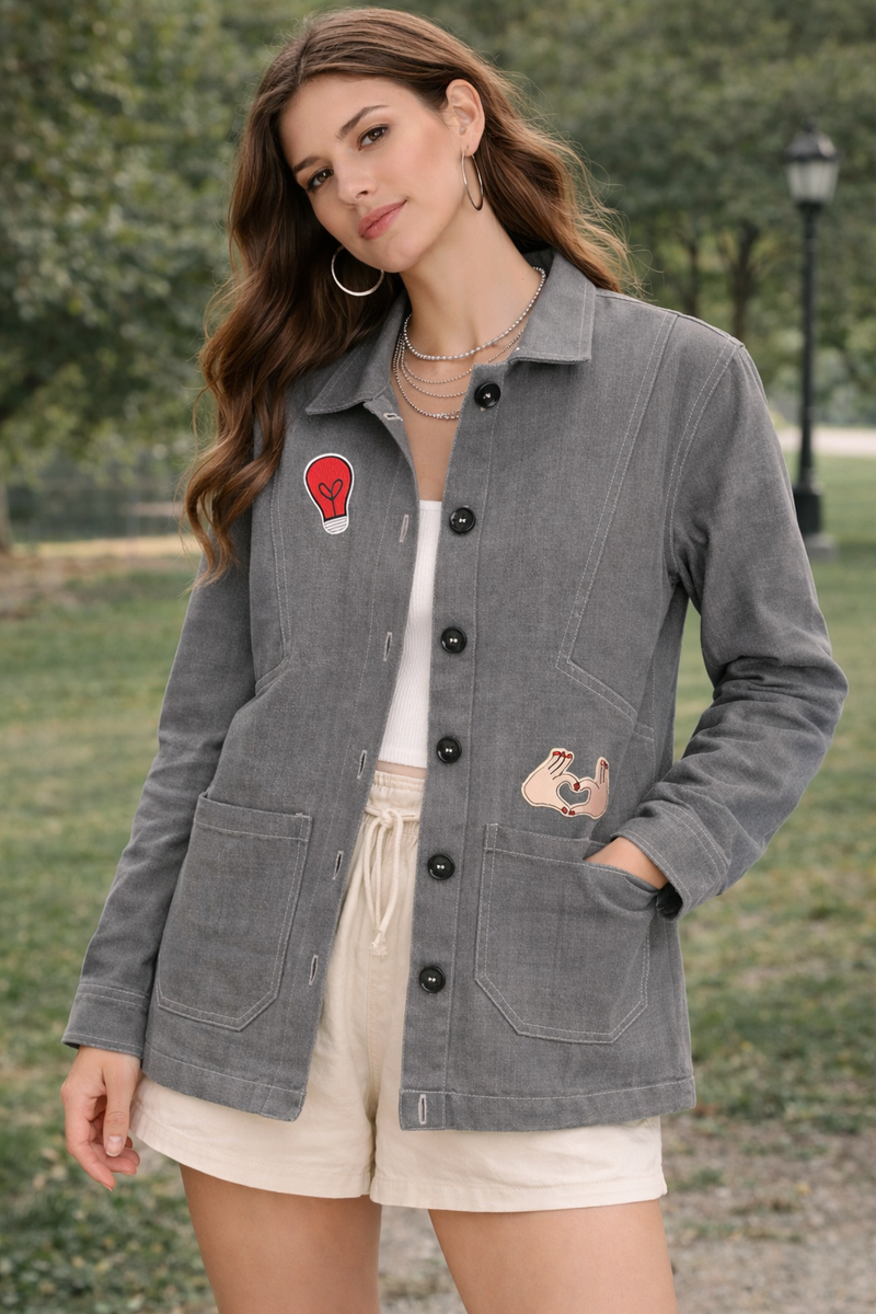 Heart Patch Grey Utility Jacket Female