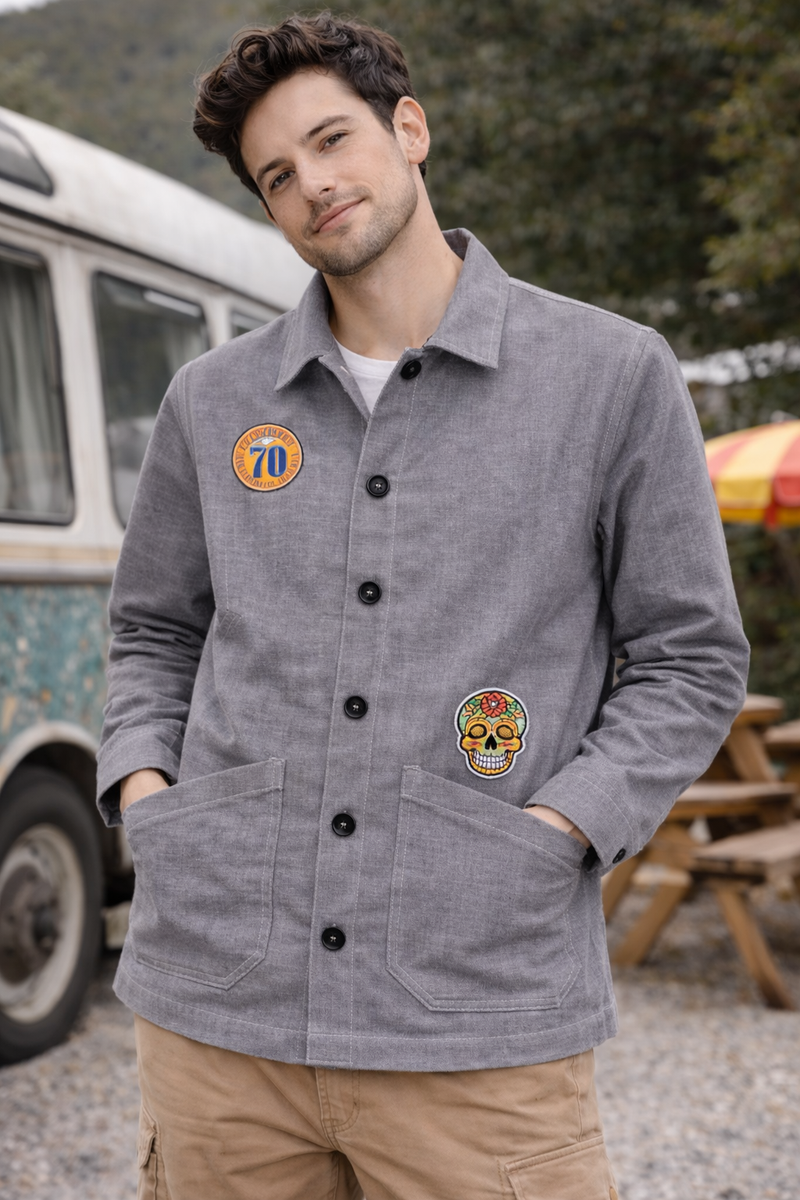 Washed Grey Utility Jacket with Embroidered Patch Male