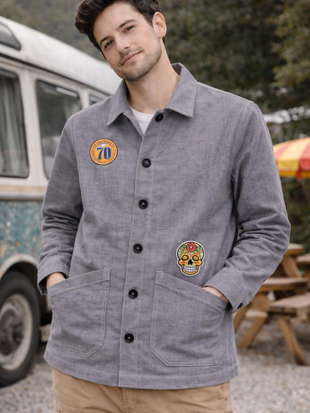 Washed Grey Utility Jacket with Embroidered Patch Male