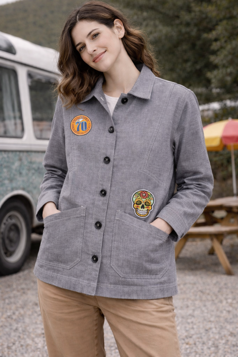 Washed Grey Utility Jacket with Embroidered Patch Female