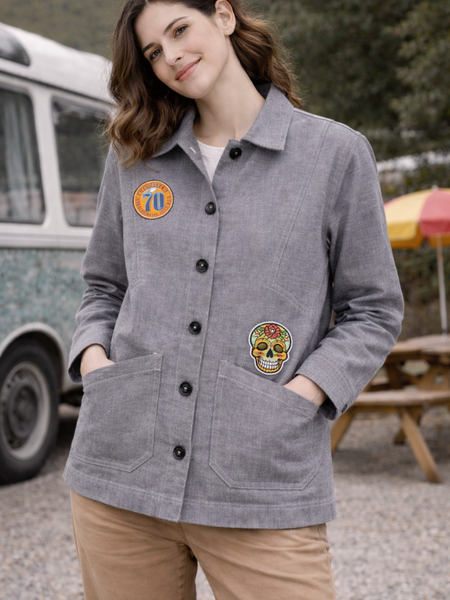 Washed Grey Utility Jacket with Embroidered Patch Female