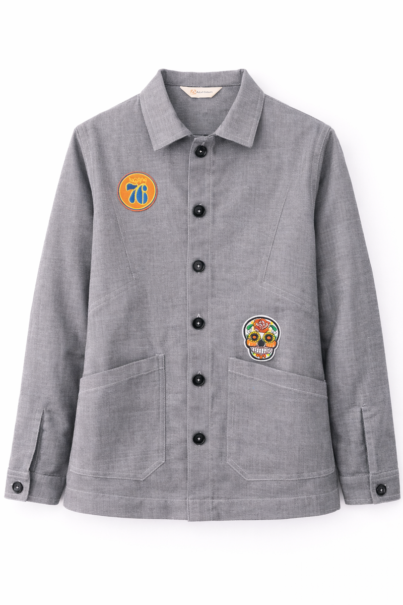 Washed Grey Utility Jacket with Embroidered Patch Front