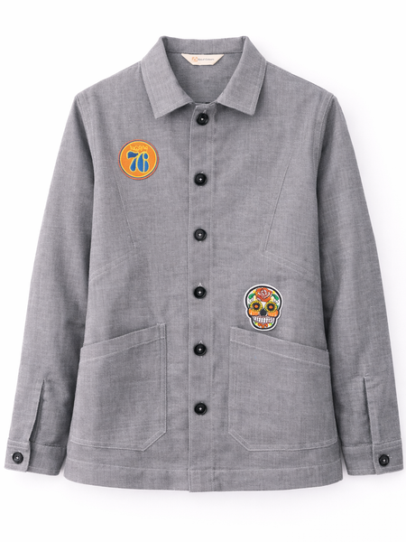 Washed Grey Utility Jacket with Embroidered Patch Front