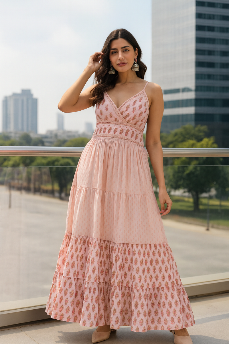 Pink Printed Cotton Blend Sleeveless Tiered Maxi Dress