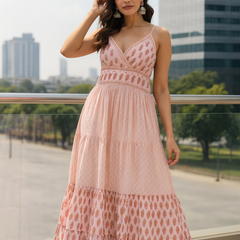 Pink Printed Cotton Blend Sleeveless Tiered Maxi Dress