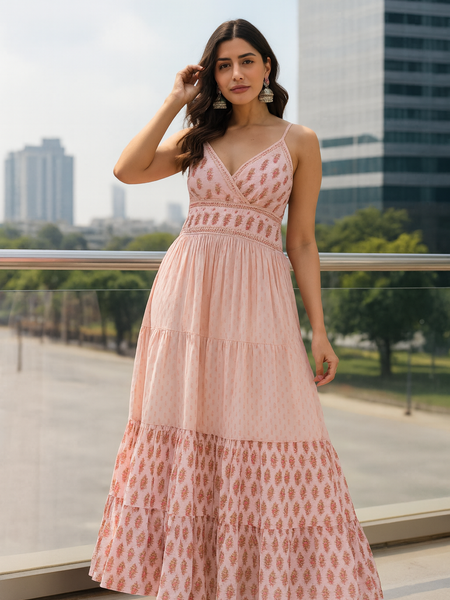 Pink Printed Cotton Blend Sleeveless Tiered Maxi Dress