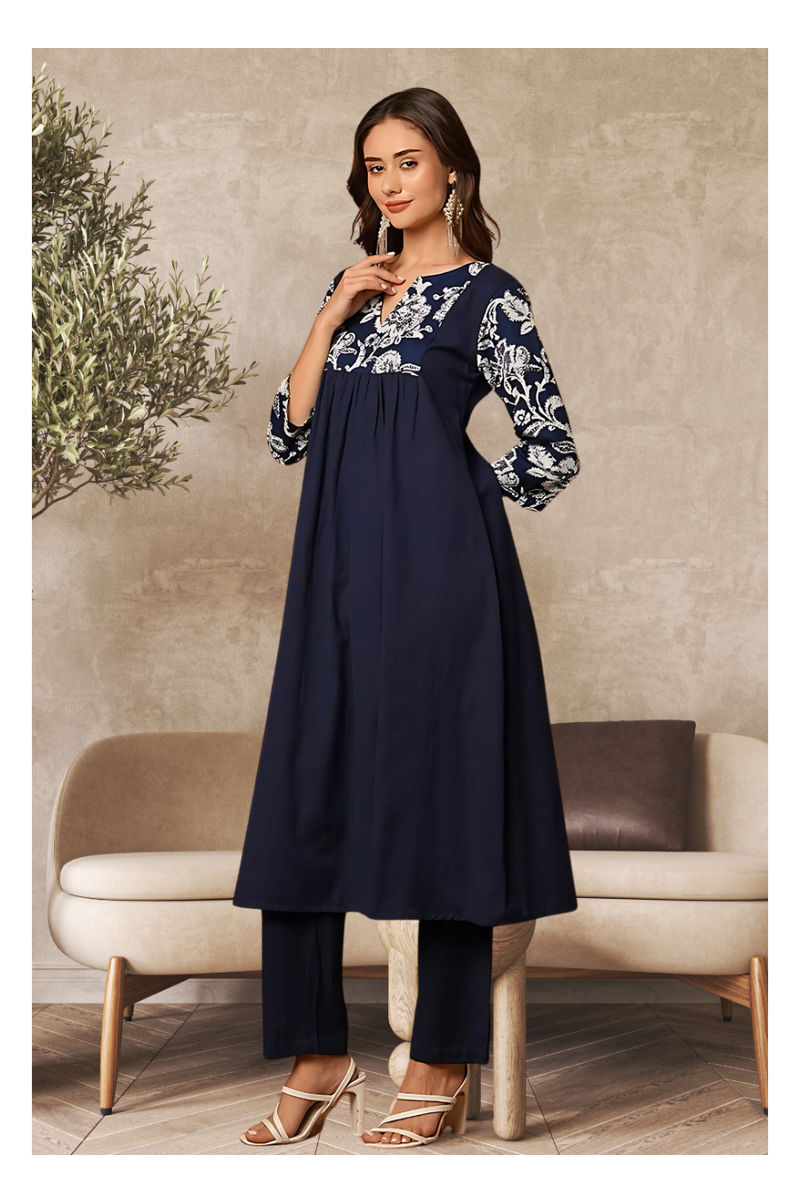 Solid Floral Printed Kurta