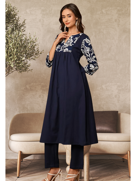 Solid Floral Printed Kurta