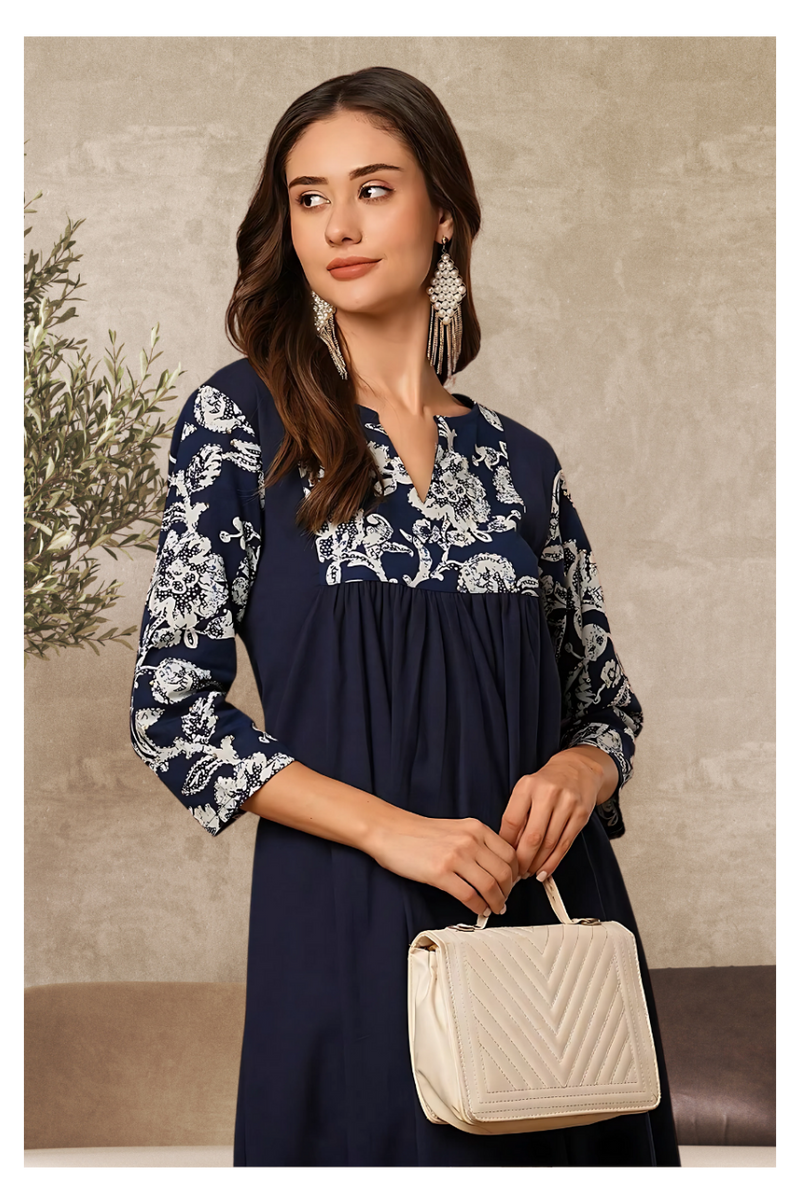 Solid Floral Printed Kurta