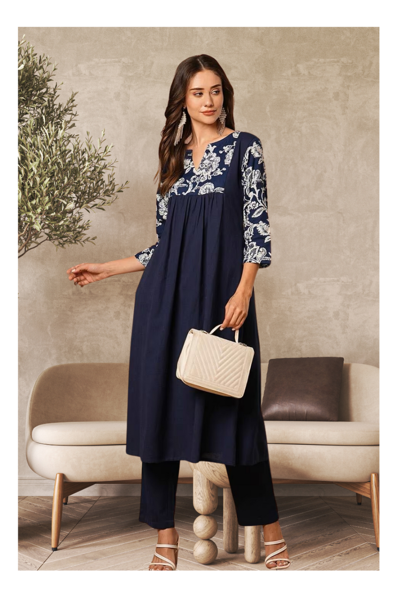 Solid Floral Printed Kurta
