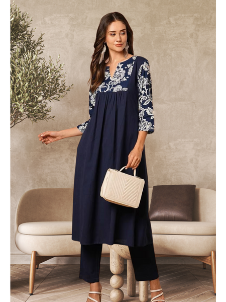 Solid Floral Printed Kurta