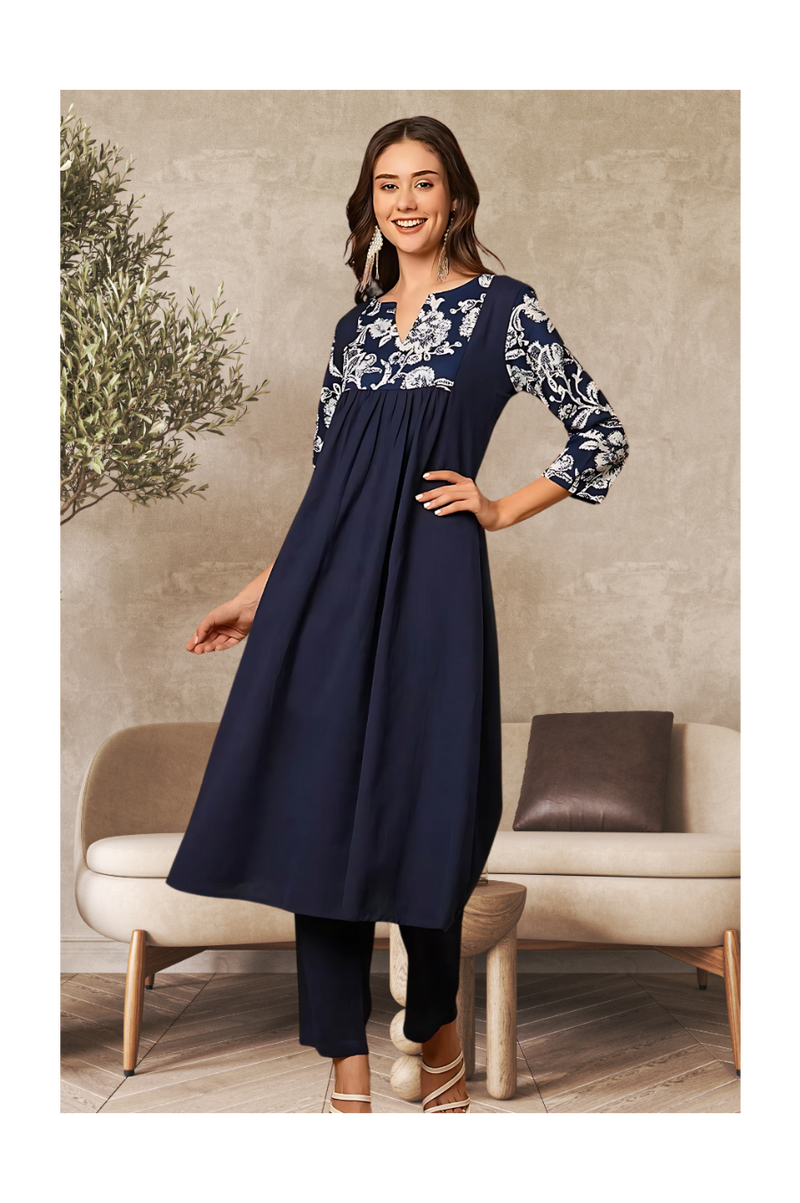 Solid Floral Printed Kurta
