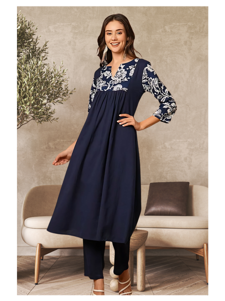 Solid Floral Printed Kurta