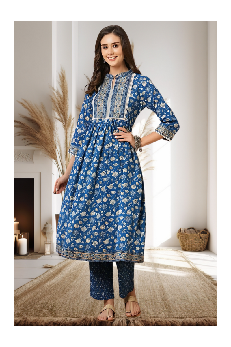 Blue Floral Kantha Kurti Set