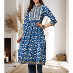 Blue Floral Kantha Kurti Set