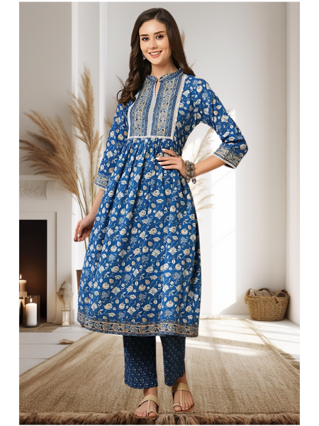 Blue Floral Kantha Kurti Set