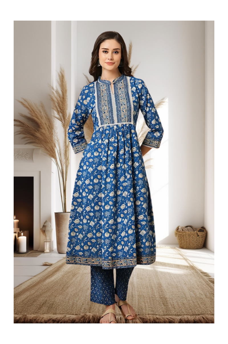 Blue Floral Kantha Kurti Set