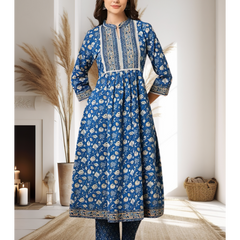 Blue Floral Kantha Kurti Set