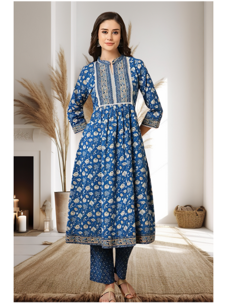 Blue Floral Kantha Kurti Set