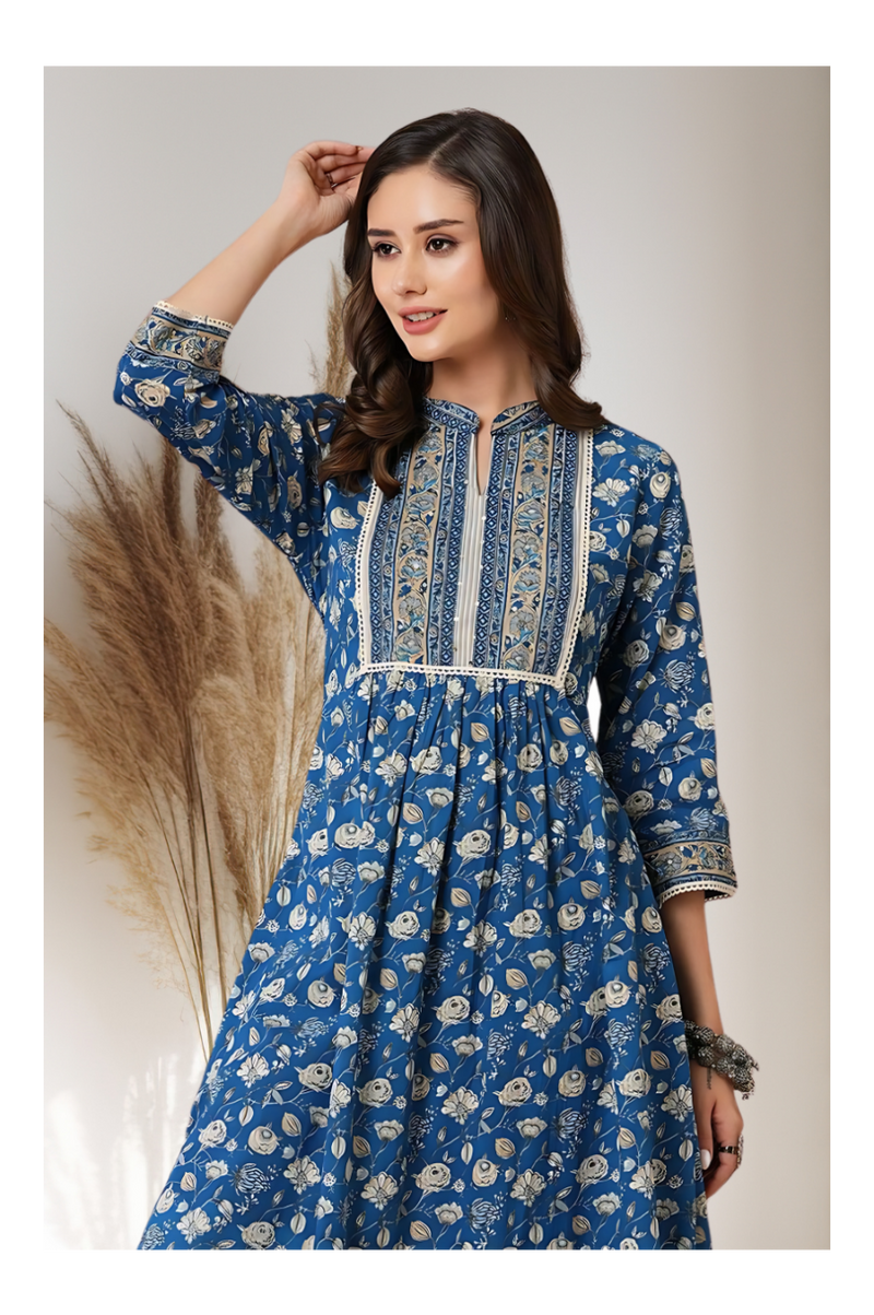 Blue Floral Kantha Kurti Set
