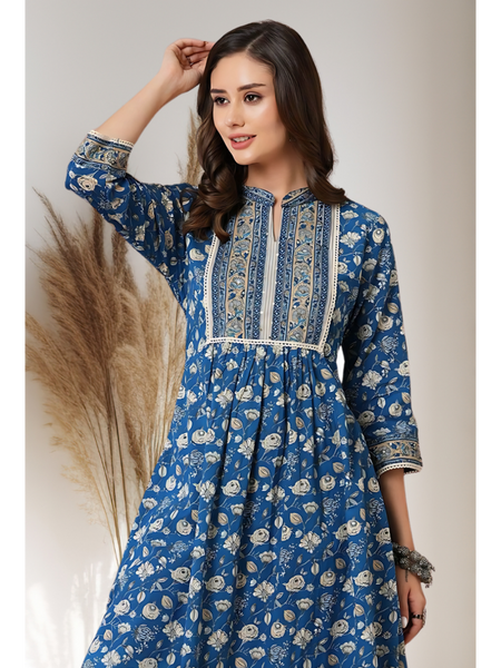 Blue Floral Kantha Kurti Set