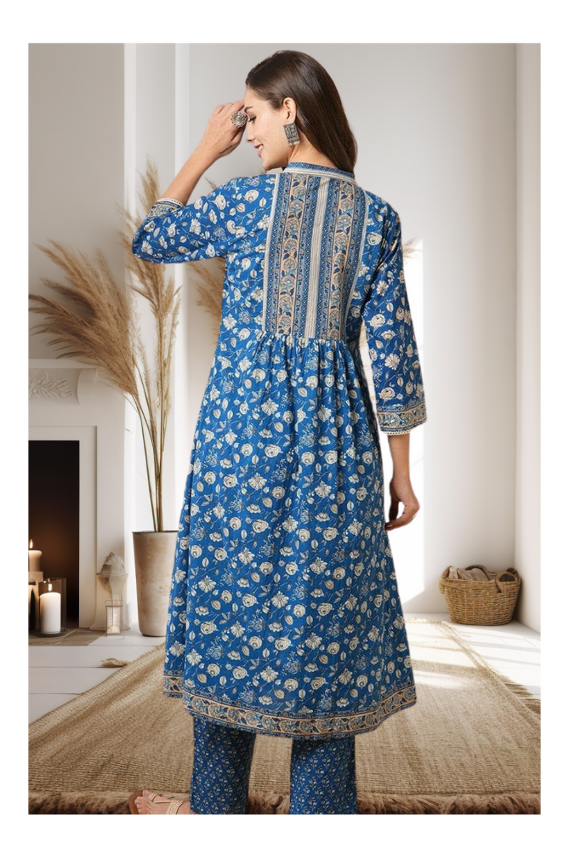 Blue Floral Kantha Kurti Set