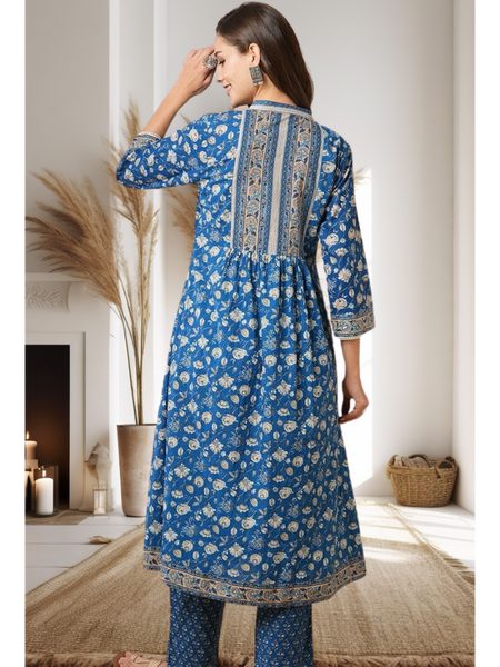 Blue Floral Kantha Kurti Set