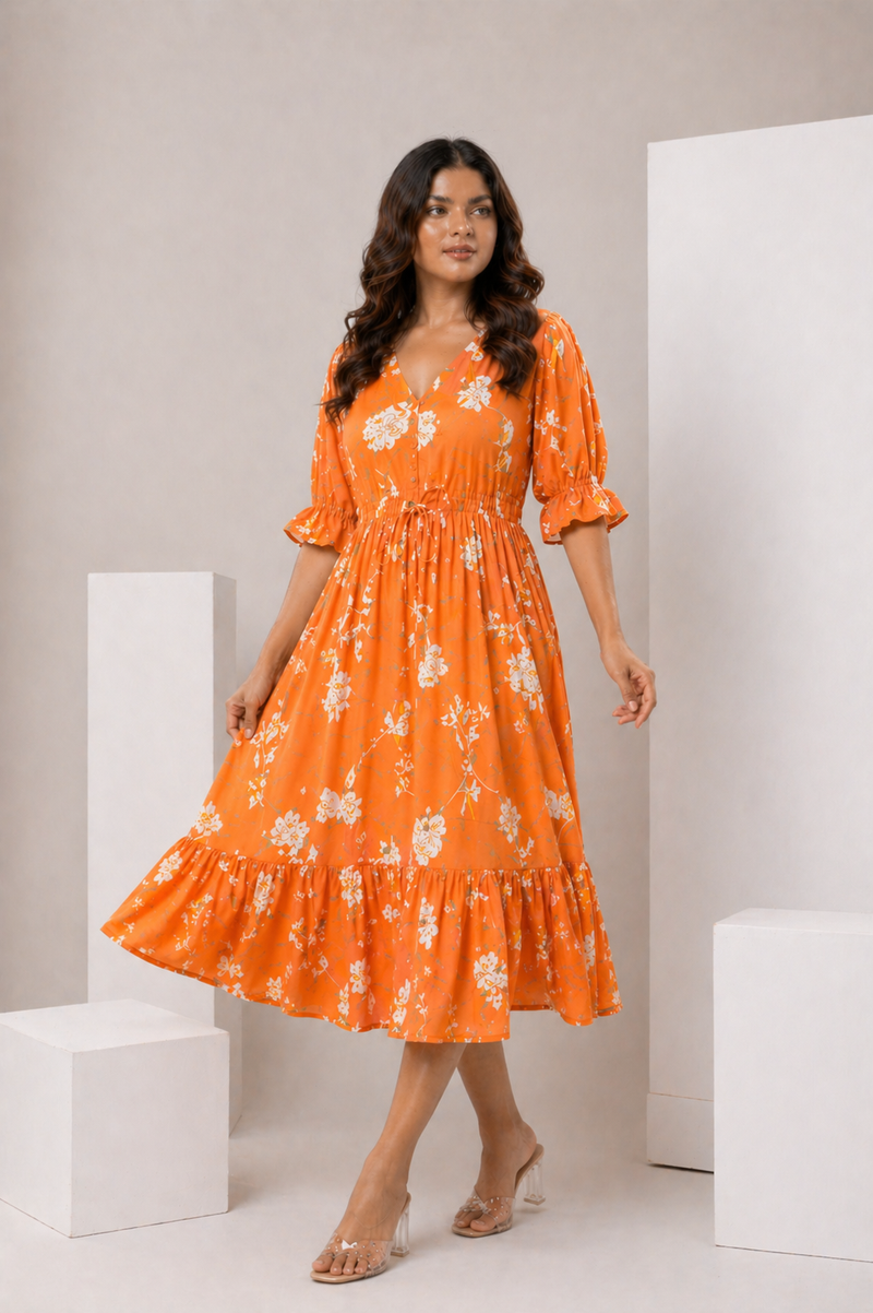 petal sleeve midi dress