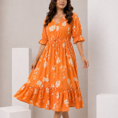 petal sleeve midi dress
