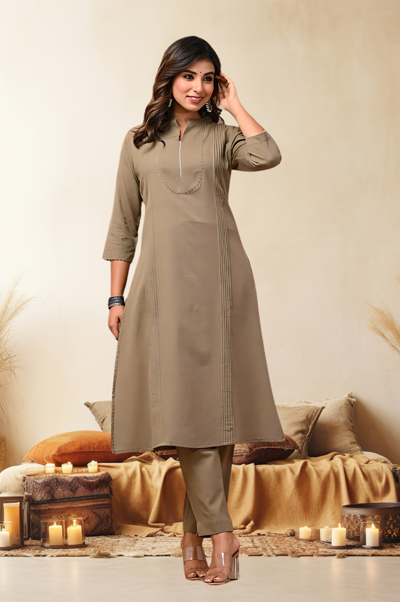 Sand Solid Cotton Kurta Set
