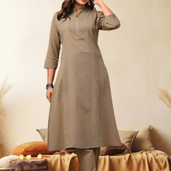 Sand Solid Cotton Kurta Set