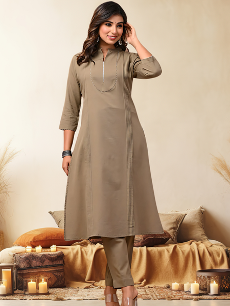 Sand Solid Cotton Kurta Set