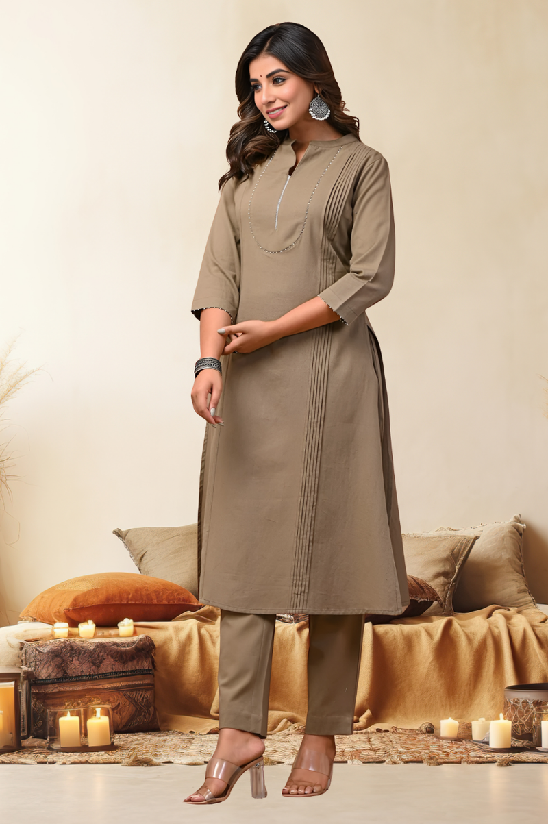 Sand Solid Cotton Kurta Set