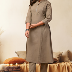 Sand Solid Cotton Kurta Set