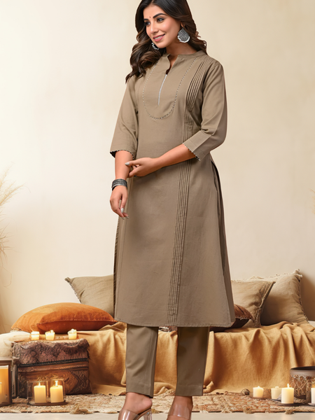 Sand Solid Cotton Kurta Set