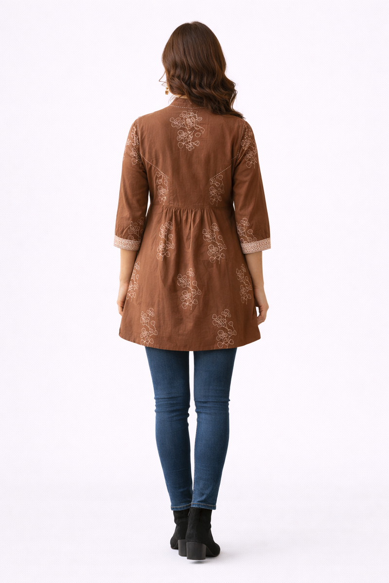 Brewed Blossom Brown Embroidered A-Line Top