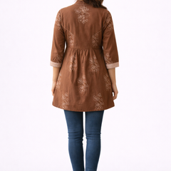 Brewed Blossom Brown Embroidered A-Line Top