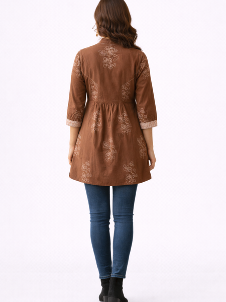 Brewed Blossom Brown Embroidered A-Line Top