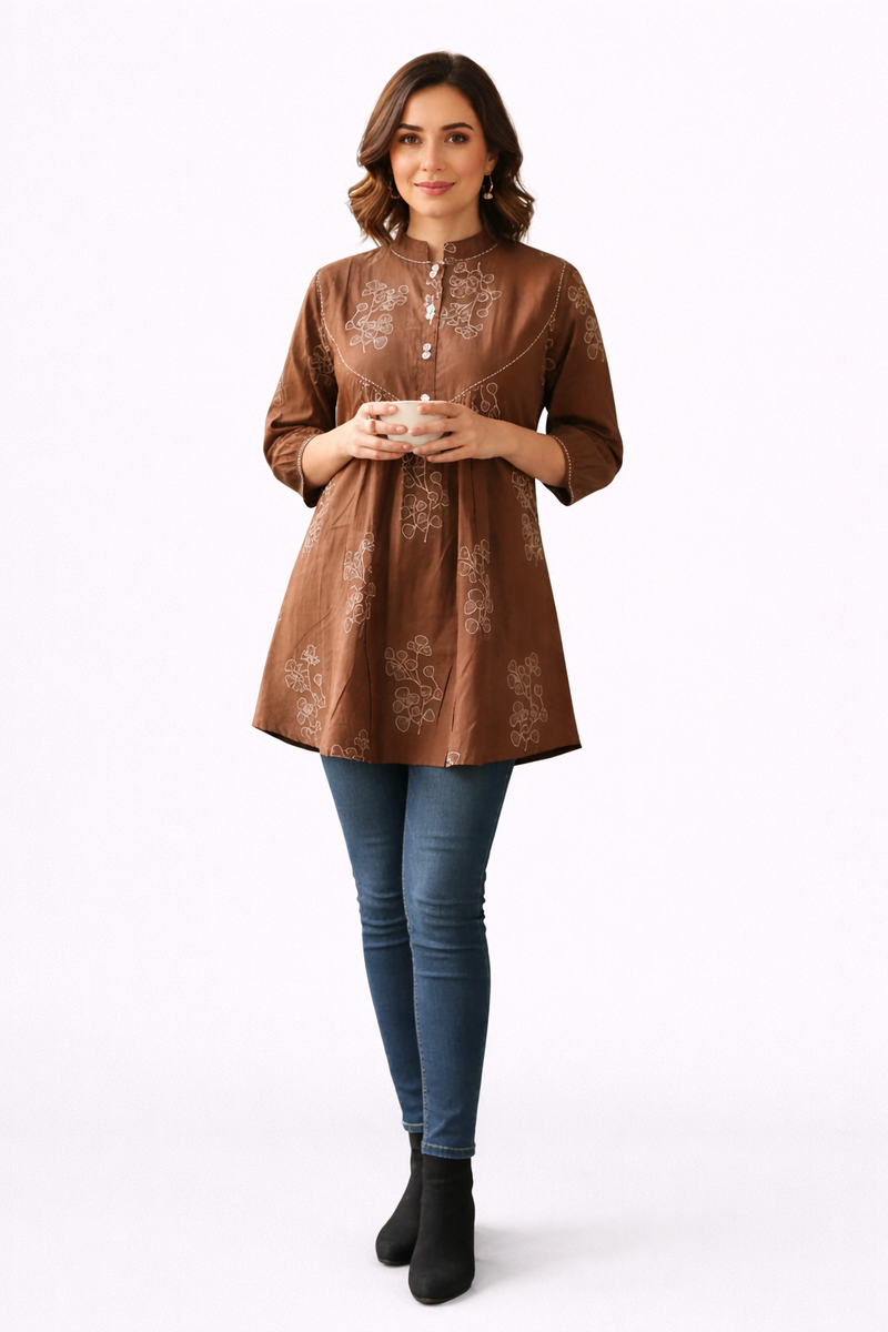 Brewed Blossom Brown Embroidered A-Line Top