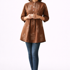 Brewed Blossom Brown Embroidered A-Line Top