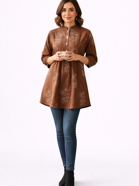 Brewed Blossom Brown Embroidered A-Line Top