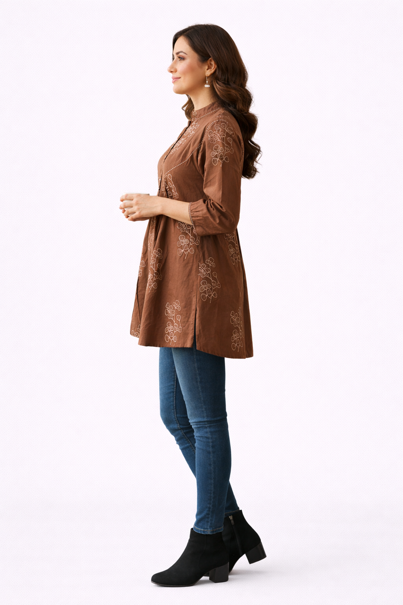 Brewed Blossom Brown Embroidered A-Line Top