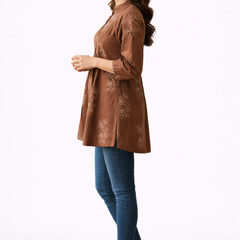 Brewed Blossom Brown Embroidered A-Line Top