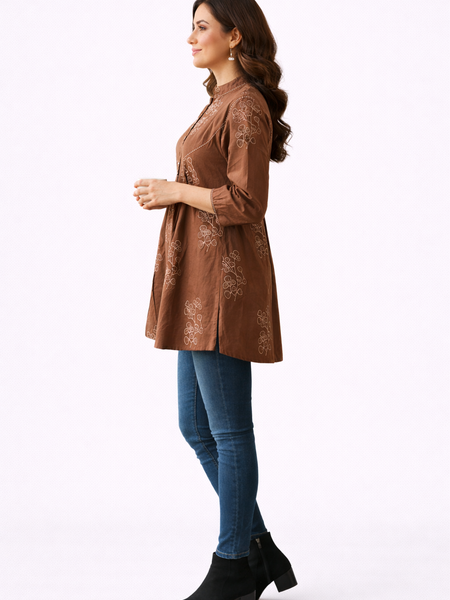 Brewed Blossom Brown Embroidered A-Line Top