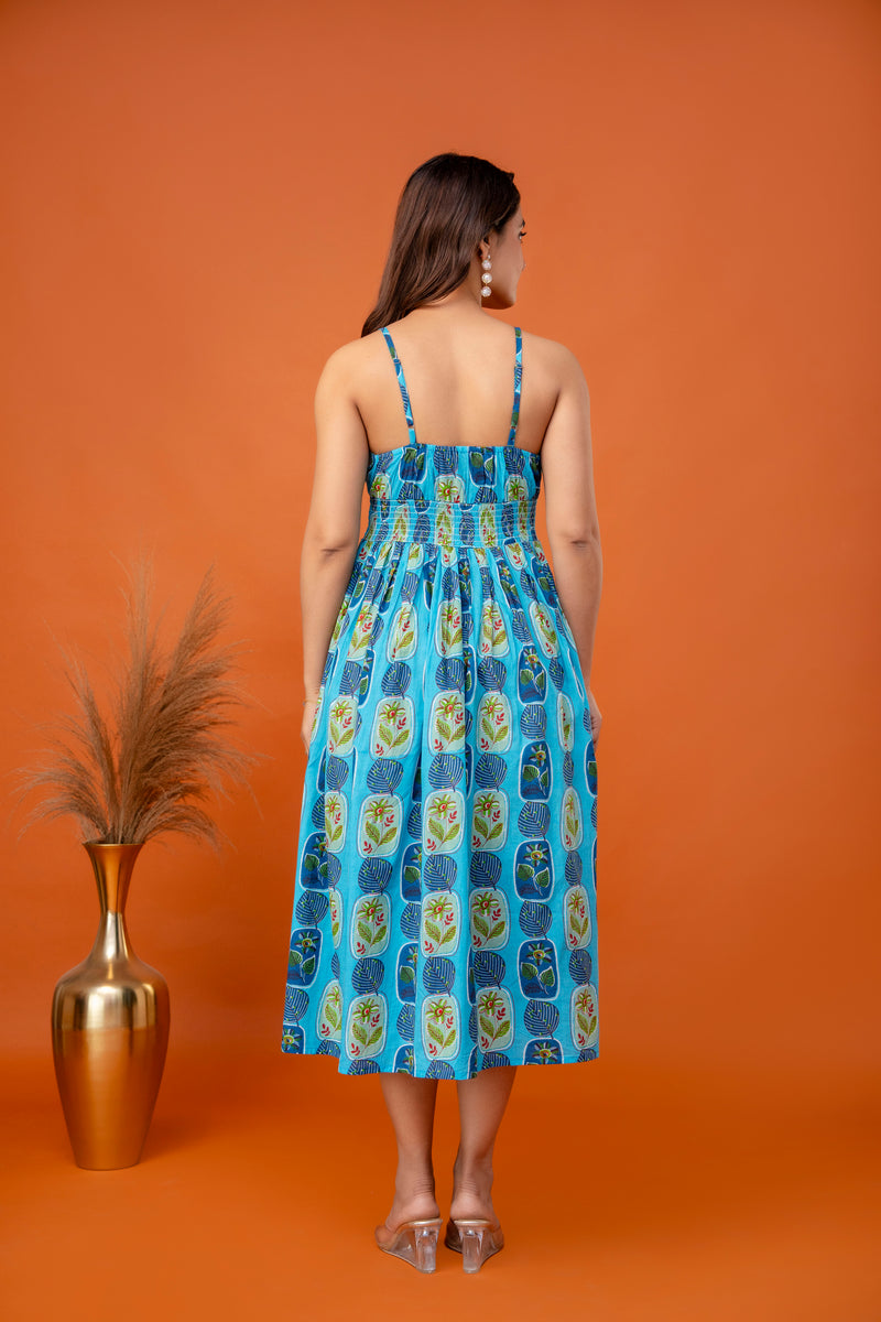 Aqua Leaf Strappy Midi Dress