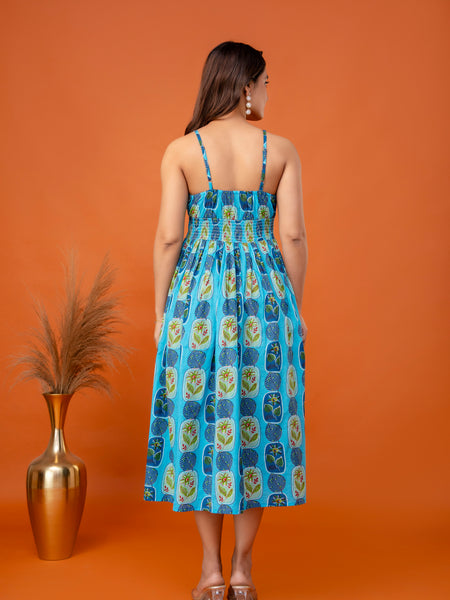Aqua Leaf Strappy Midi Dress