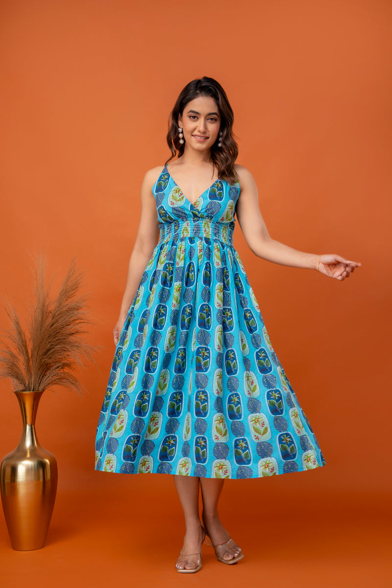 Aqua Leaf Strappy Midi Dress