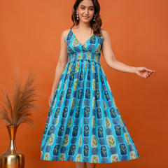 Aqua Leaf Strappy Midi Dress